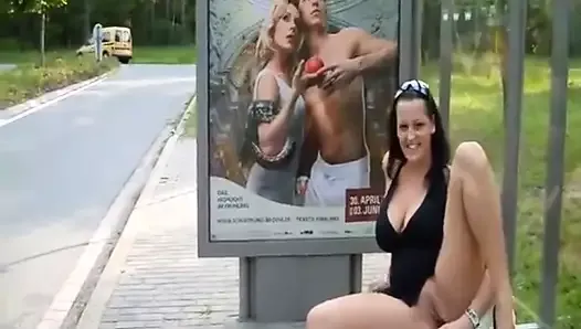 dildo fuck her pussy at bus stop