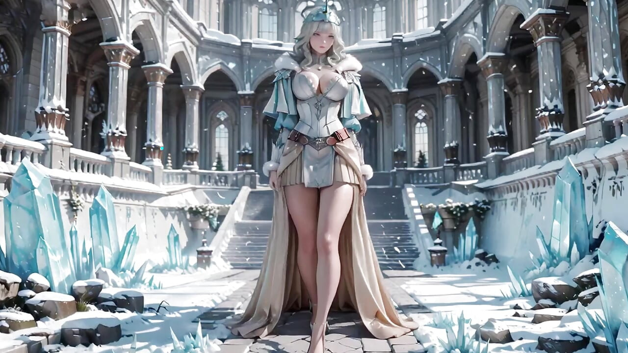 Silver-Haired Ice Queen! Kneeling in the Frozen Castle, her cold armor hides so many secrets. Hand on chest, biting lips...