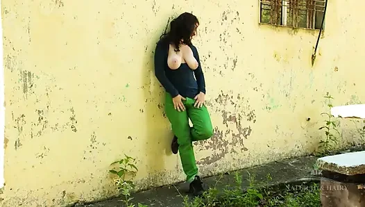 Exotic Mia Strips Naked Outdoors: Big Tits, Hairy Bush Pussy, Clit Rubbing & Fingering