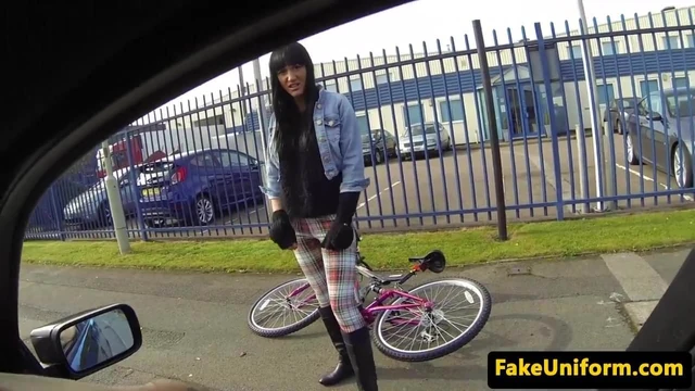 Pulled beauty doggystyled by officer outdoors