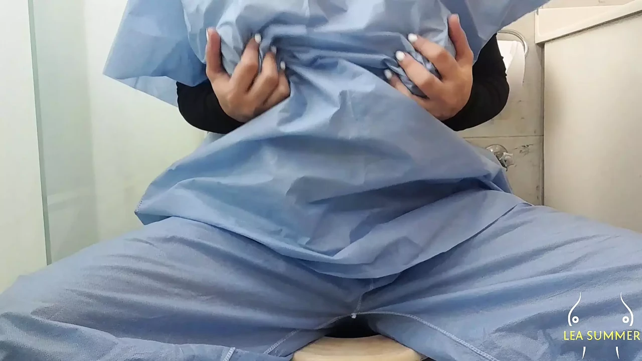 Perverted nurse enters the bathroom to play with her pussy after seeing her patient's huge cock