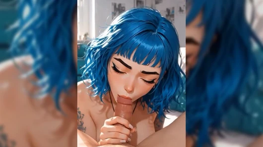 Alternative blue-haired AI girl gives a blowjob and gets cum in her mouth