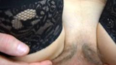 wife's hairy cunt, spread pink swollen clit and cumshot