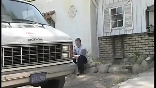 Two guys watch a slutty blond get fucked in her pussy by a machine