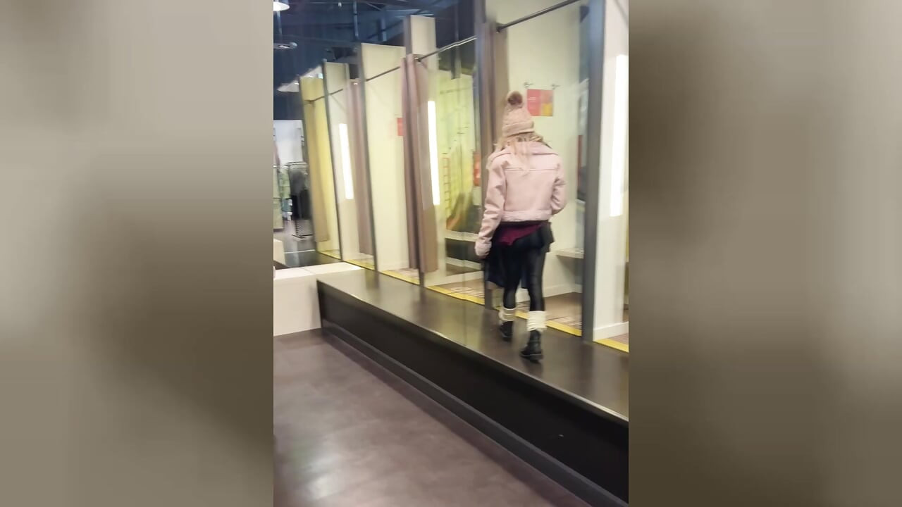 Public in a nylon open-crotch catsuit! Cute tranny girl cums while shopping!
