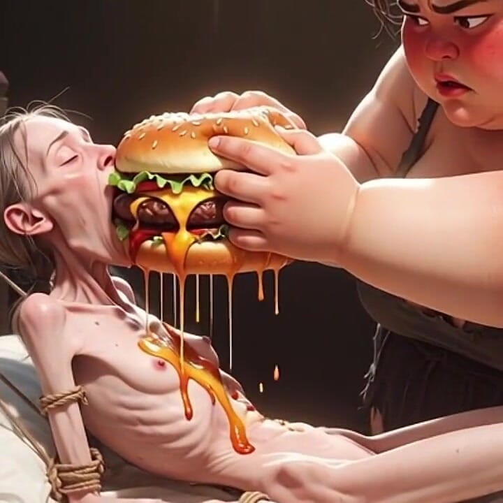 Extremely Skinny Girl Fed by Massive SSBBW - Extreme Feederism Contrast