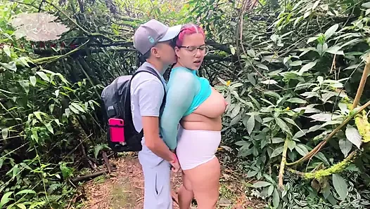 Chubby with glasses training in the woods lets a stranger rip her pants