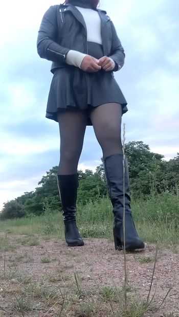 Horny sissy slut in leather outfit enfemme in the woods