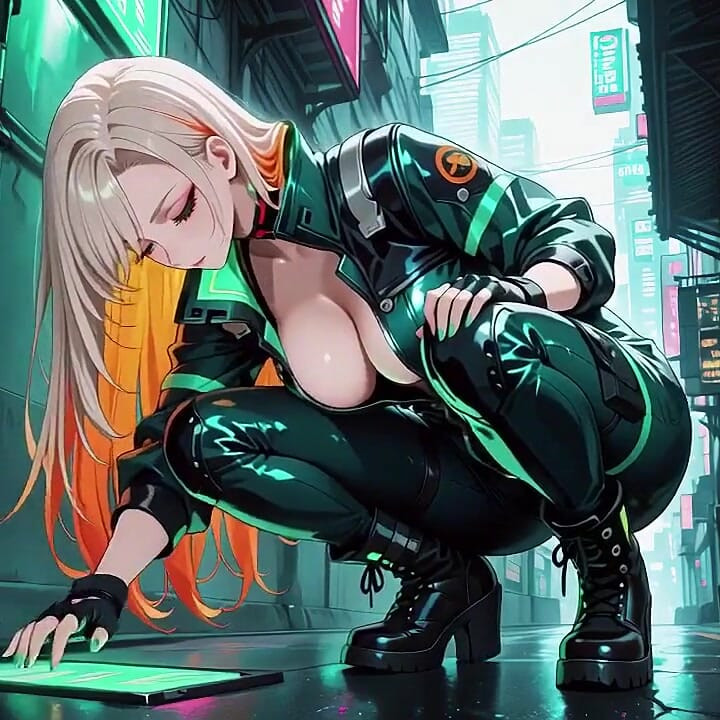Neon Rain Night! Blonde Agent in Wet Leather Crouching Low, Holographic Glow & Cold Glances.