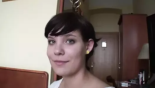 Short haired German girl pleasing her shaved twat with her glass toy