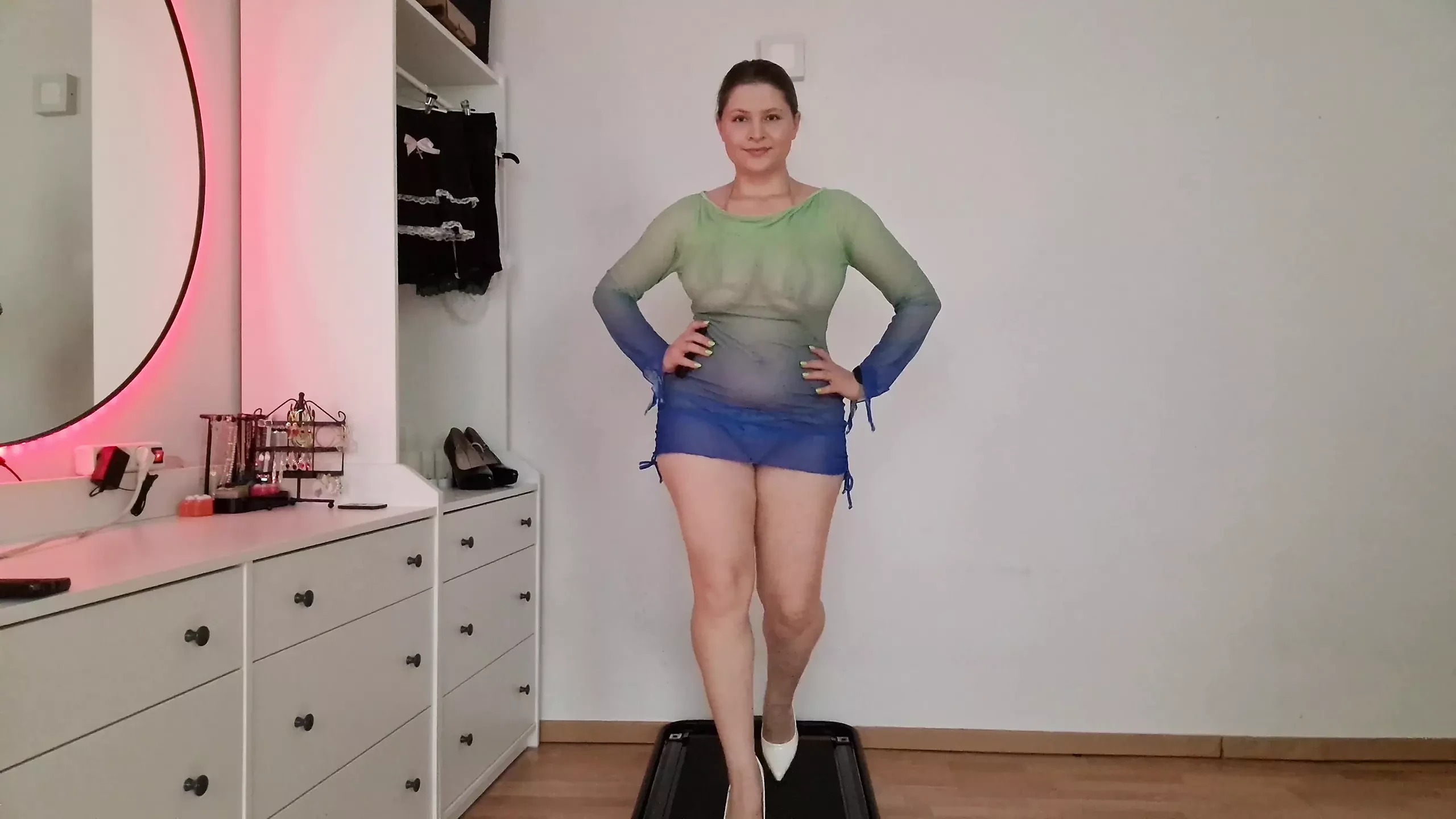 See-Through Beach Dresses Over Micro Bikini – Heels, Jiggle & Treadmill Tease