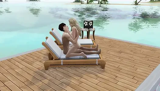Couple in love have sex in public on the beach. The sims