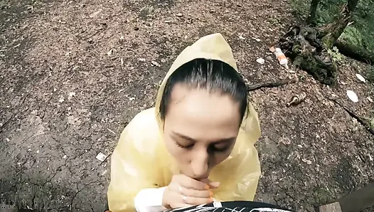 Black Lynn in Yellow Raincoat Sucking Cock in the Woods - Outdoor Blowjob and Cum in Mouth