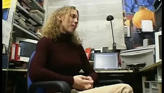 Curly haired blonde gets her hairy pussy fingered