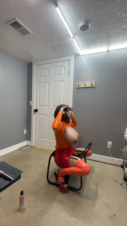 Velma riding her favorite chair with her huge cock and big tits | Clip 2