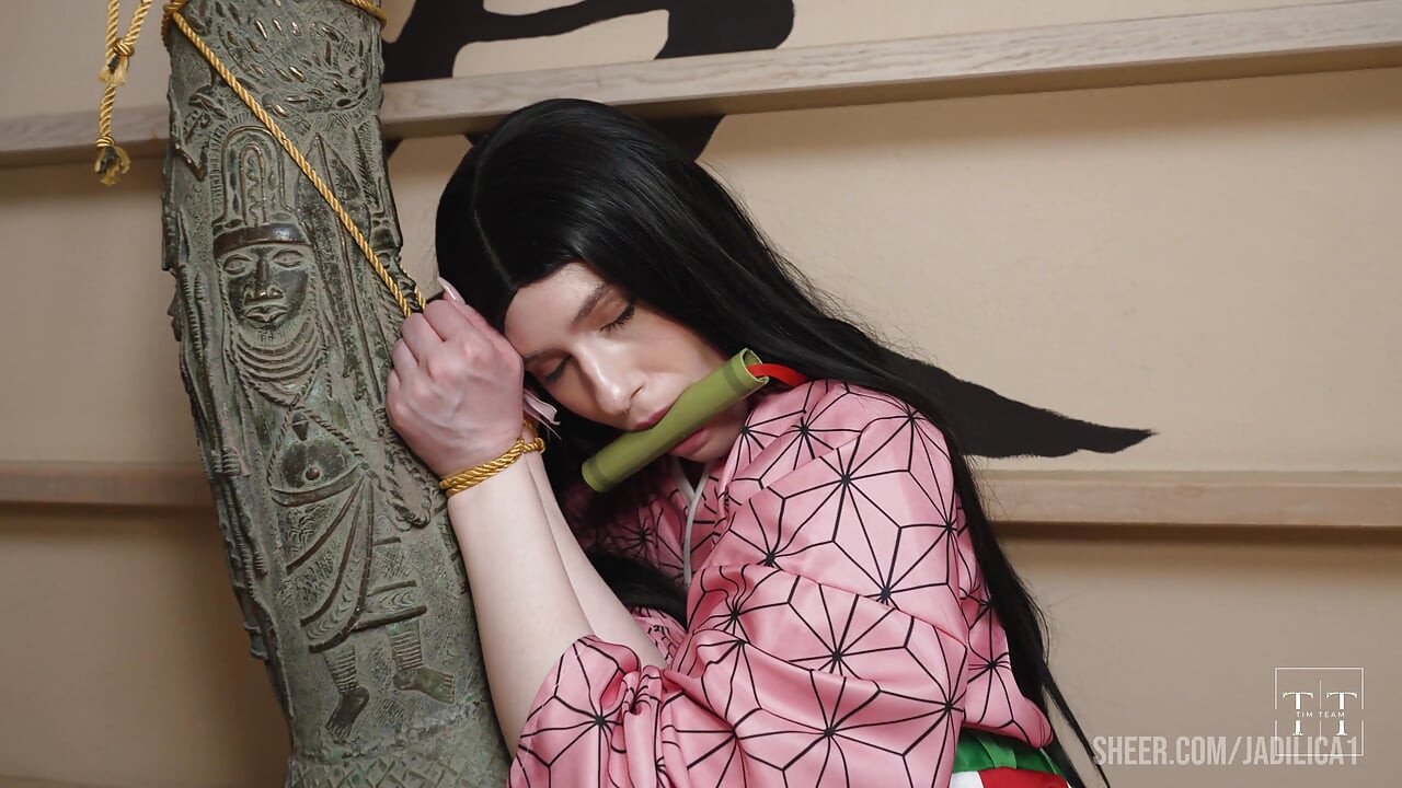 Cute Pixie Lesbian Playing Scissor with a Nezuko Kamado. Demon Slayer