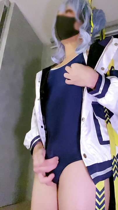 femboy suisei cosplayer in school swimsuit cums with automated stroker