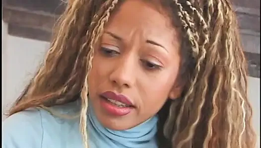 Hairy ebony chick with huge round boobs is relaxing after class