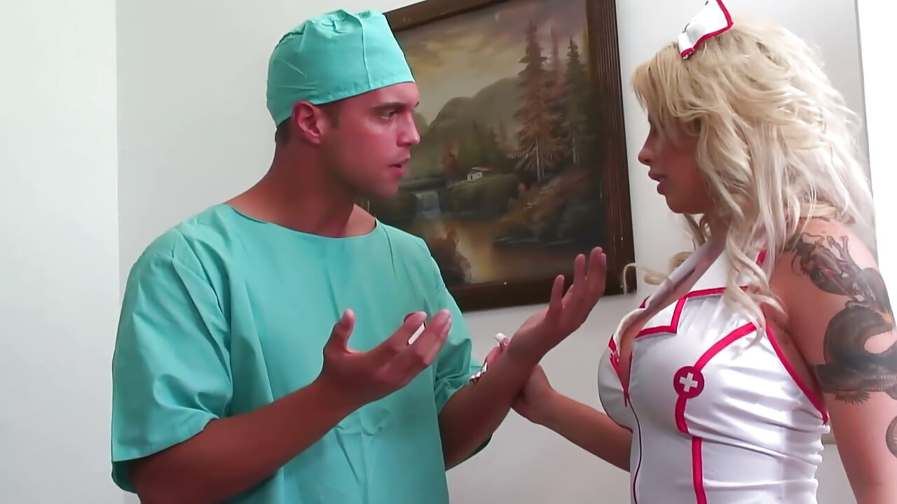 White Lace-up Boots on the Hospital Bed - Tattooed Blonde Nurse and the Guy in Scrubs