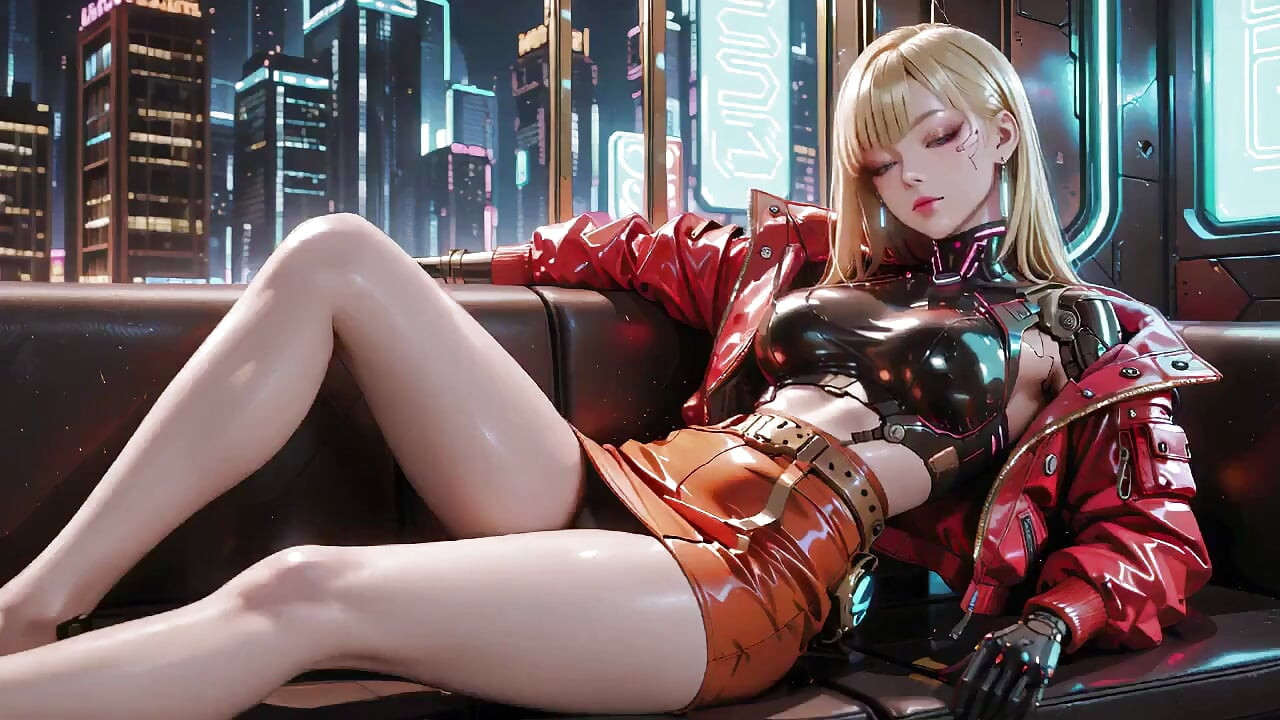 Cyber Valkyrie穿着红色和黑色! 寒冷, 诱人的跪姿势在纯白色的背景.