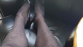 Squeaky black high heels and stockings cum