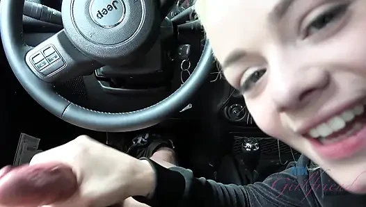 POV Elsa Jean Car Blowjob & Handjob! Blonde sucks, rides hard then jerks massive cumshot