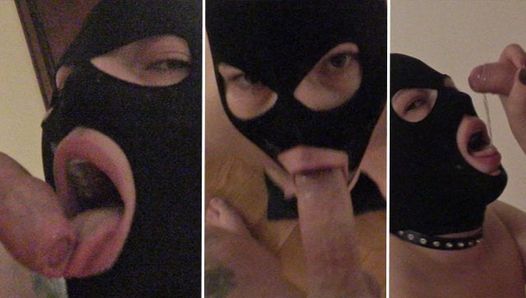 Masked Slut goes on her knees for a deepthroat and facefuck