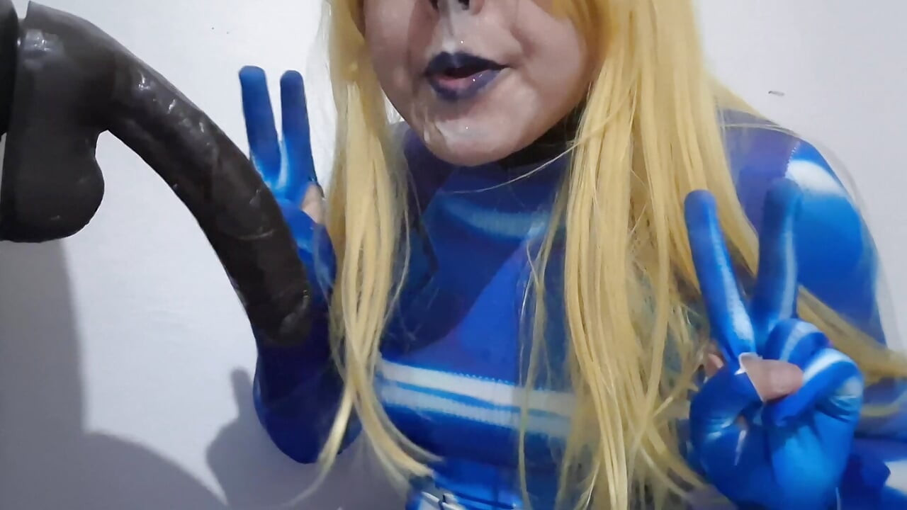 Cute Samus Femboy with BDSM Nosehook giving a Sloppy Blowjob to BBC Dildo, Deepthroat, Facial Fuck and Eating Semen