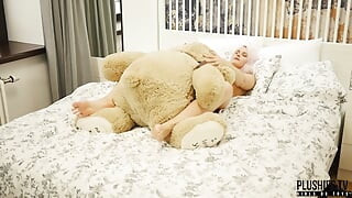 Shy pink hair student dancing naked with stuffed toy