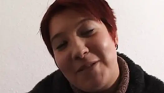 Chubby redhead slut toys her hairy cunt at the casting