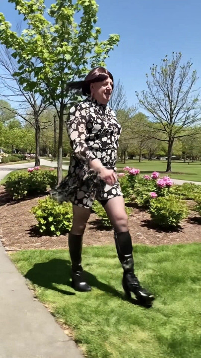 Nicolette Walk in a Park with high-heeled boots and pantyhose