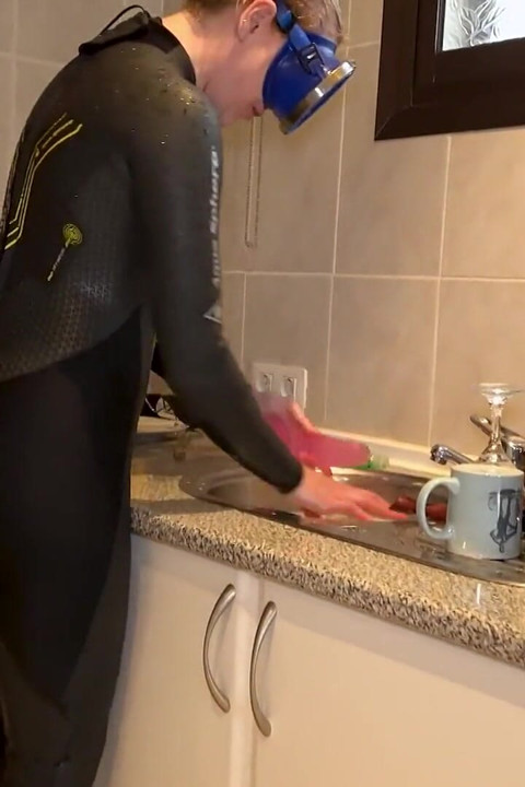 Flooded Mask Dishwashing in Wetsuit & Heels - Wet Mess Fun
