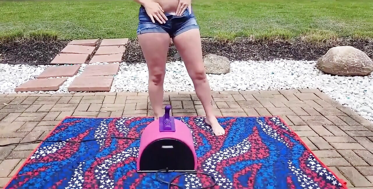 Almost Caught Blonde Hotwife Rides a Sybian Outdoors in Her Backyard