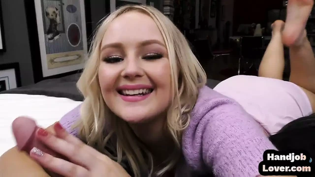 Pantyfetish amateur babe gives POV HJ to her BF in the bed