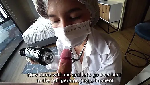 LATINA NURSE milks my CUM sample with Machine and his deepthroat
