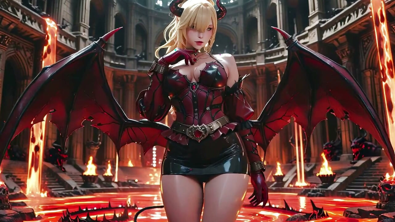 Lava Throne! Blonde Demon Queen Kneels & Spreads Her Wings, Lazy Tease with a Glass.