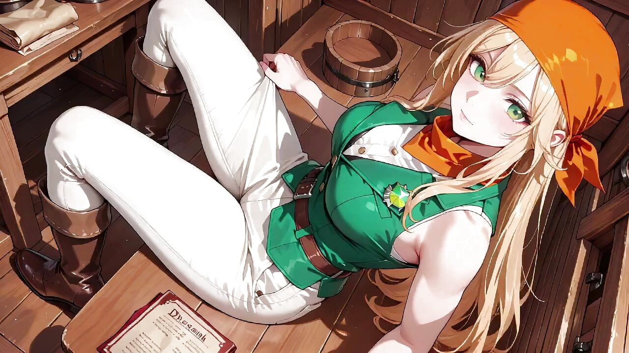 Blonde Pirate Captain! Green Uniform & Rough Ropes on a Sunny Deck. Languid Poses, Long Legs Exposed, and That Teasing Gaze