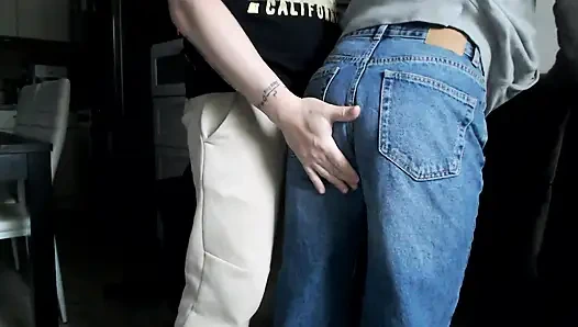 Amateur fucking and figerring girlfriend with blue jeans