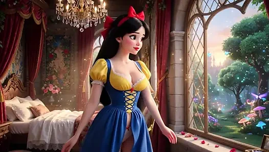 Страстная ночь Белоснежки в спальне зачарованного замка в классическом платье частично открыта для интенсивного удовольствия