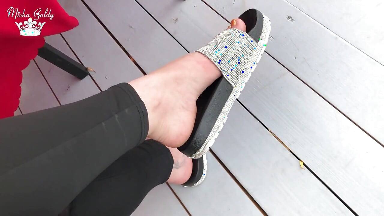 My new shiny slippers dangling everywere outdoor
