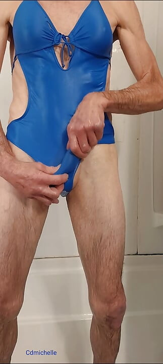 Cdmichelle Taking a Shower Wearing Blue Swimsuits Jacking off Till Cum