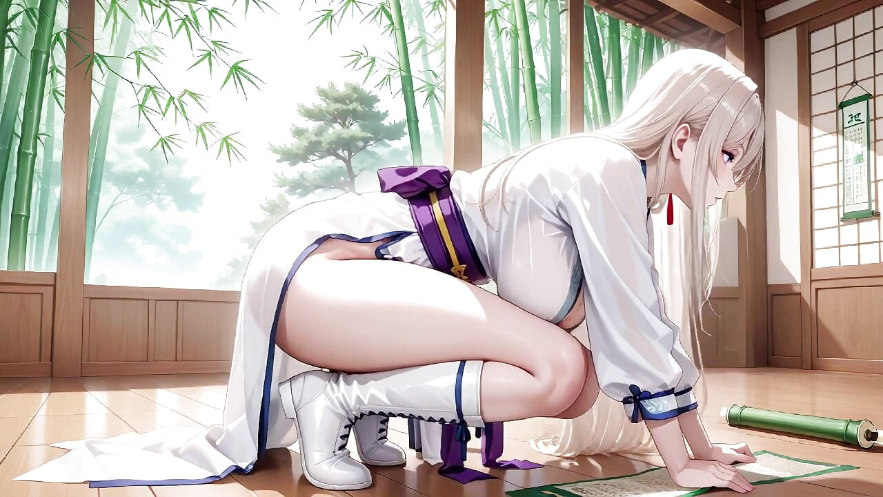 White Kimono Maid! Kneeling in the Japanese Corridor, Huge Slit Revealing Wet Thighs Under the Sun.
