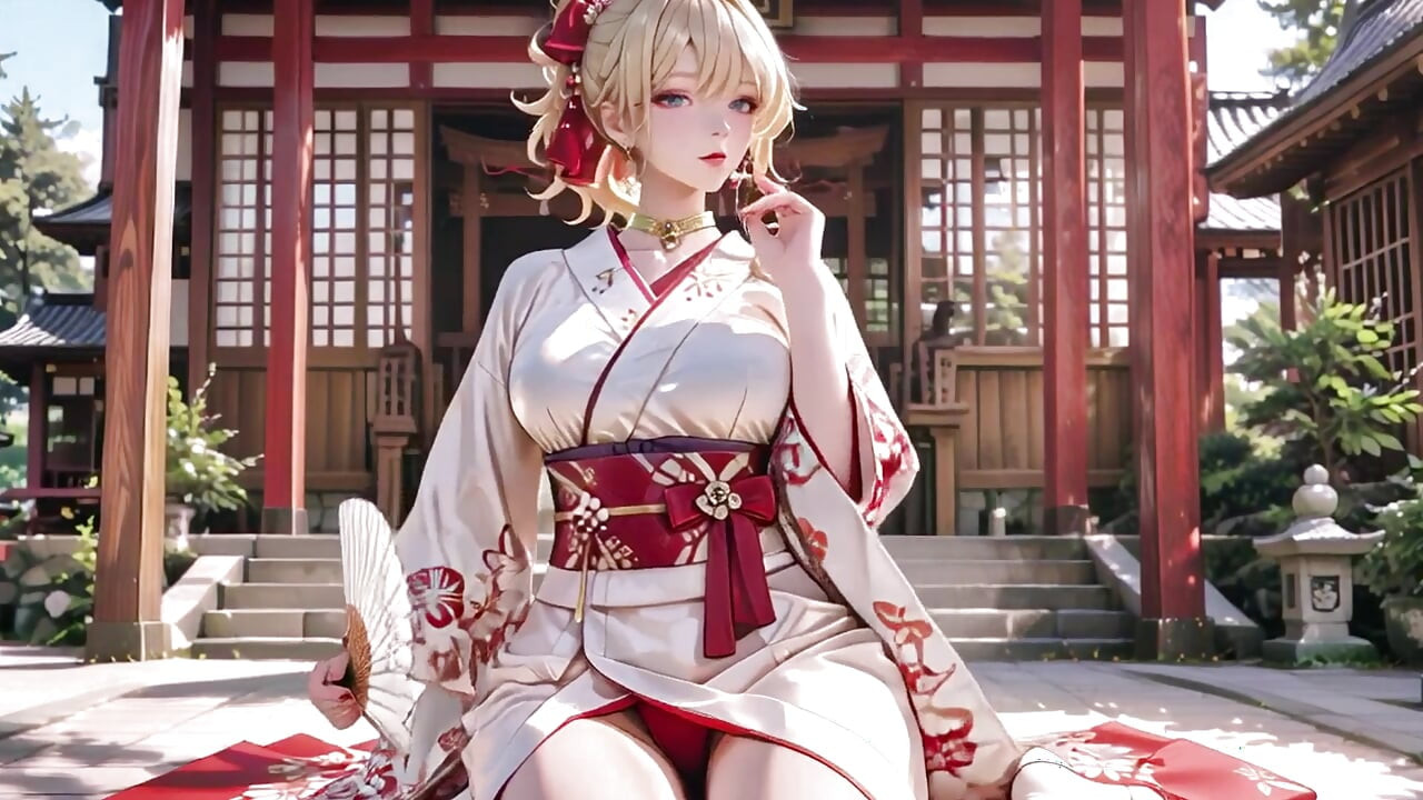 În genunchi sub poarta Torii, într-un kimono bej modificat, ea își atinge pieptul și își urmărește clavicula