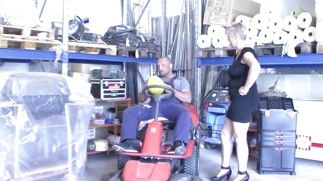 Mature Blonde Stretched Wide on Lawnmower with Dripping Cum
