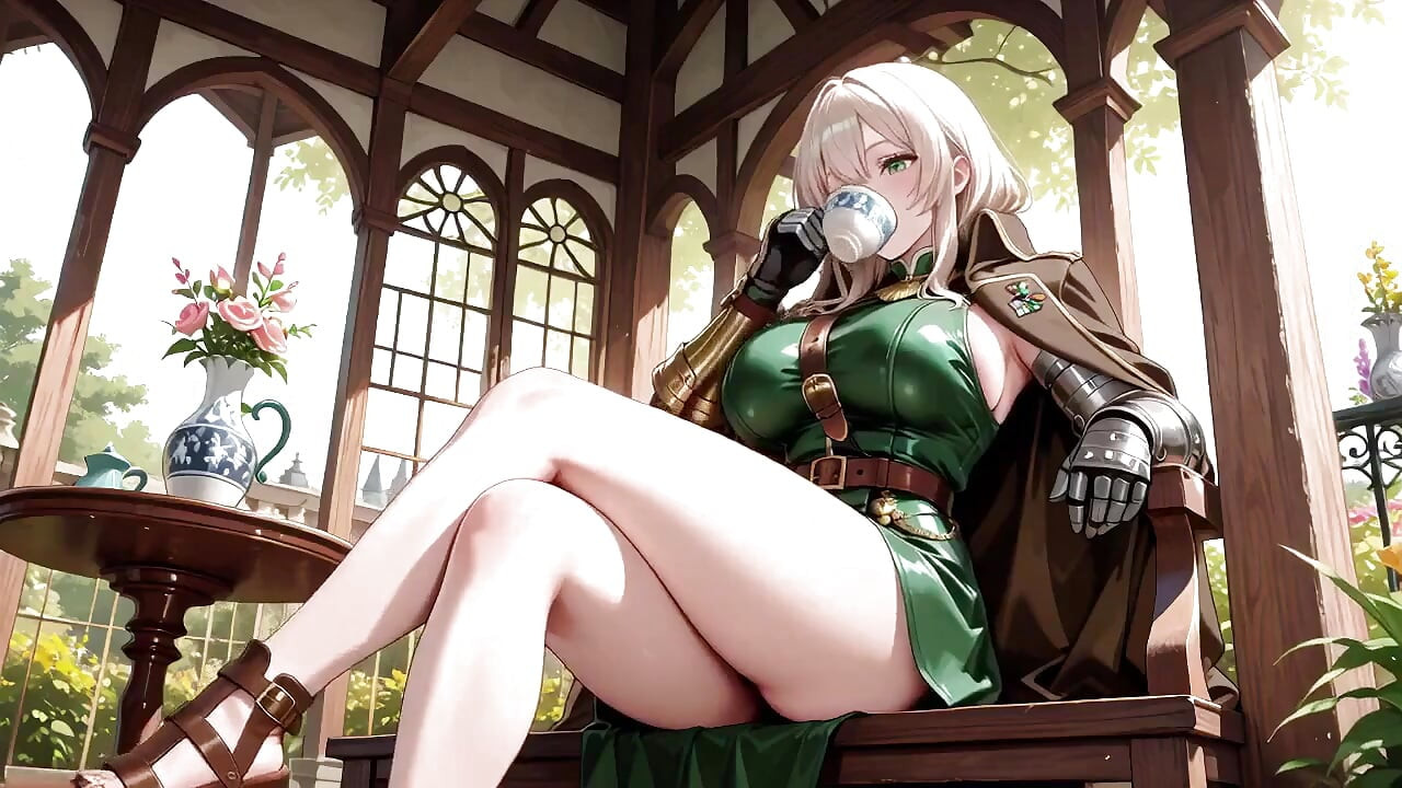 Blonde Knight's Afternoon! Green Uniform Golden Mechanical Arms, Lazily Contemplating in Ancient Stone Ruins.
