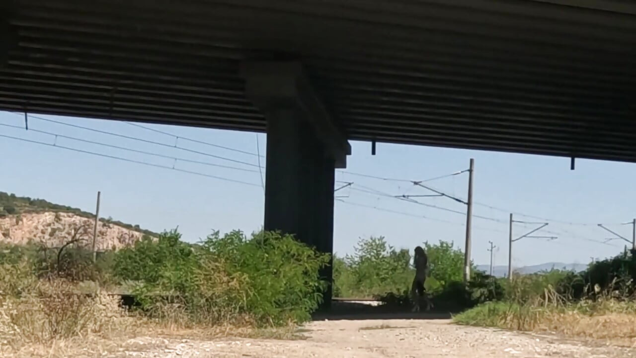 Slave Tih Shows Her Pussy and Tits Under the Bridge