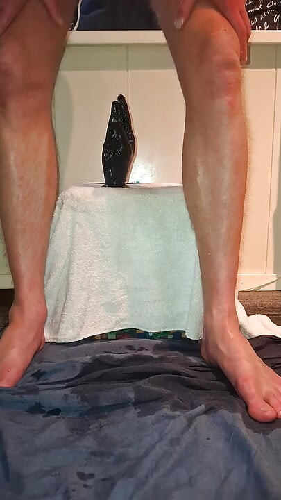 Solo gay NoFace Twink X riding huge dildo's and destroying his ass
