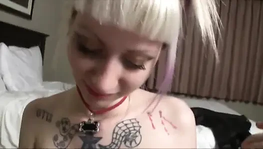 Teen blonde blowing his cock at home