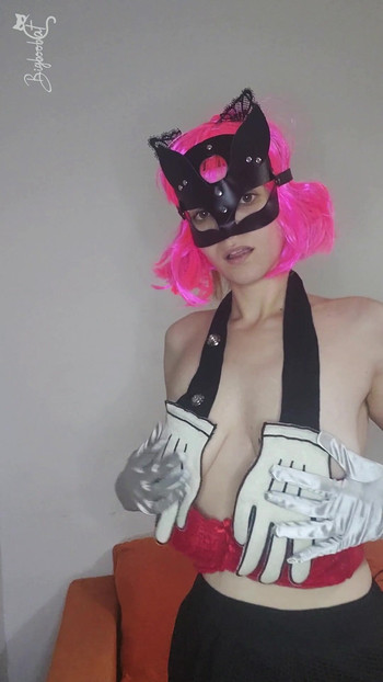 Indulge in my pleasure as I masturbate with my kitty mask and big tits
