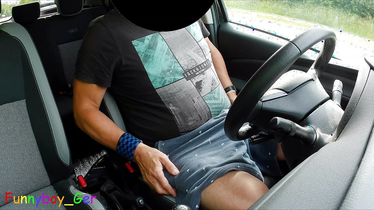 Very public, I jerk off my cock in the car by the side of the road, going from precum all the way to cumming.